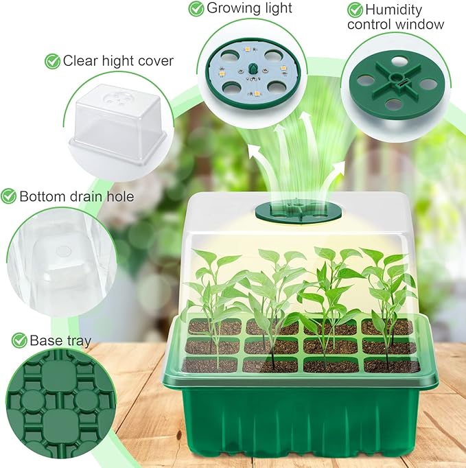 Lunies 6 Packs Seed Starter Tray with Grow Light, Indoor Greenhouse Seeding Starter Trays for Planting, Base Gardening Plant Germination Kit, Seed Starter Kit with Humidity Domes, (12 Cells per Tray) - Image 4