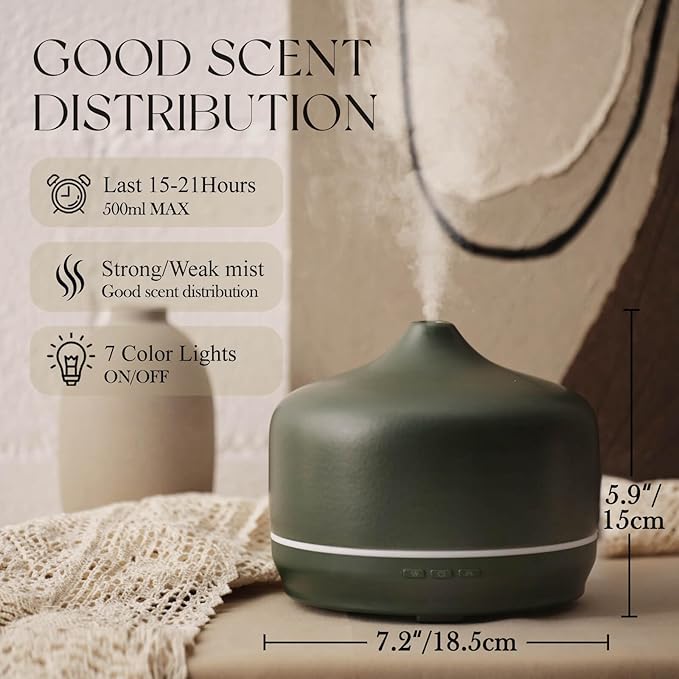 Porseme 500ml Ceramic Essential Oil Diffuser Aromatherapy Ultrasonic Cool Mist Humidifier 15-21 Running Hours Air Diffusers for Sleeping Yoga Office Working Spa and Rest (Hunter Green) - Image 2