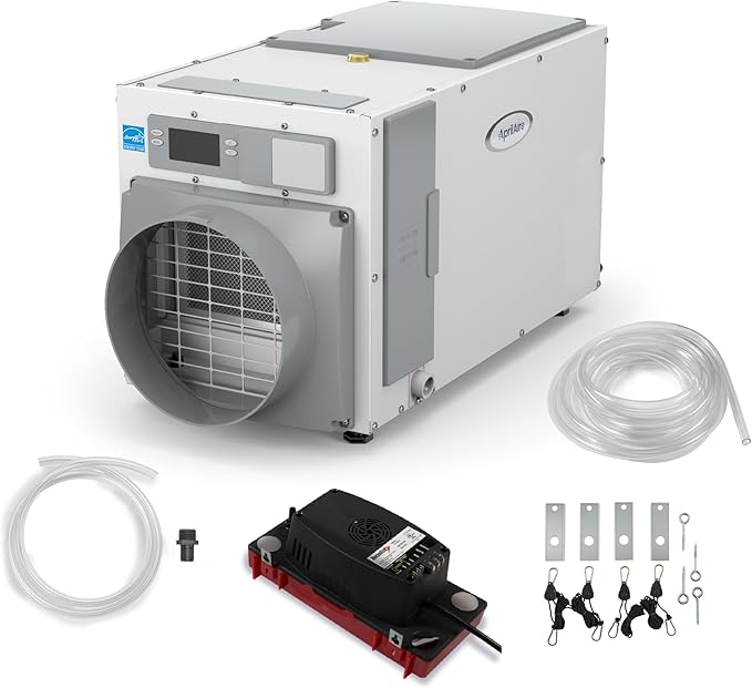 AprilAire E100 Whole House Dehumidifier for Basement & Crawl Space – 100-Pint High-Capacity Commercial Dehumidifier for Homes Up to 5,500 Sq. Ft. with Pump, Drain Hose, & Hanging Kit for DIY Install by AprilAire
