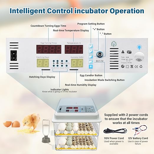 Incubators for Hatching Eggs, 120 Egg Incubator with Automatic Egg Turning and Humidity Monitor,Temperature Control, 5 Automatic Incubation Modes and Incubation Days Record, White - Image 6