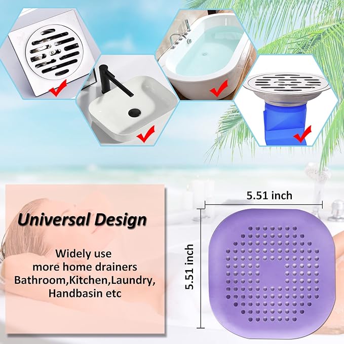 Hair Drain Catcher,Square Drain Cover for Shower Silicone Hair Stopper with Suction Cup,Easy to Install Suit for Bathroom,Bathtub,Kitchen 2 Pack (Purple) - Image 5