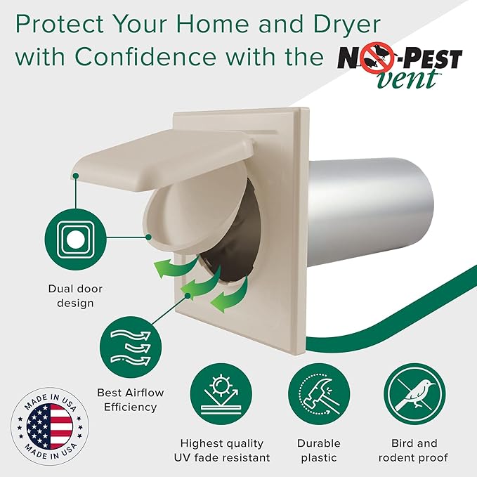 NO-PEST VENT, Exclusive Dual Door Dryer Vent Cover Outdoor 4 inch with Collar, Made in USA w Highest UV Resistant Plastic in any Outdoor Vent Cover (Tan, 4" Plastic WIth Collar) - Image 4