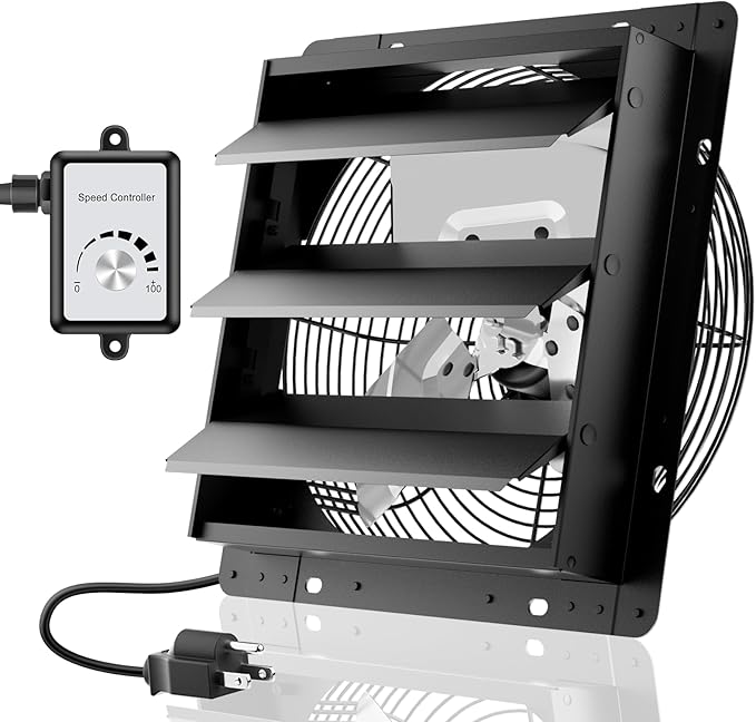 HG Power 12 Inch Attic Fan with Speed Controller, 971 CFM Shutter Exhaust Fan with EC Motor, Wall Mounted Greenhouse Fan for Shed, Basement, Gable, Chicken Coop Ventilation Use, Black by HGPOWER