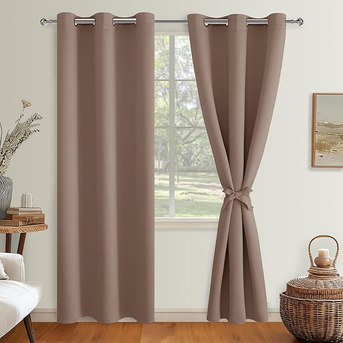 Hiasan Blackout Curtains for Bedroom, 38 x 84 Inches Long - Thermal Insulated & Light Blocking Window Curtains for Living Room, 2 Drape Panels Sewn with Tiebacks, Cappuccino by Hiasan