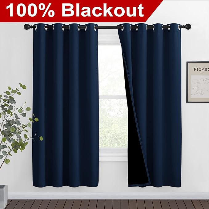 NICETOWN Complete 100% Blackout Curtain Set, Thermal Insulated & Energy Efficiency Window Draperies for Guest Room, Full Shading Panels for Shift Worker and Light Sleepers, Navy Blue, 46W x 72L, 2 Pcs - Image 2