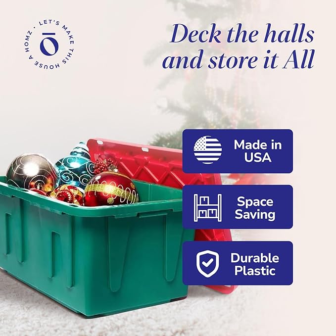 HOMZ 2-Pack Durabilt, Heavy Duty Plastic Storage Bins with Lids, 27 Gallon, Green/Red - Stackable Container Boxes for Holiday, Attic, and Garage Organization - Image 5