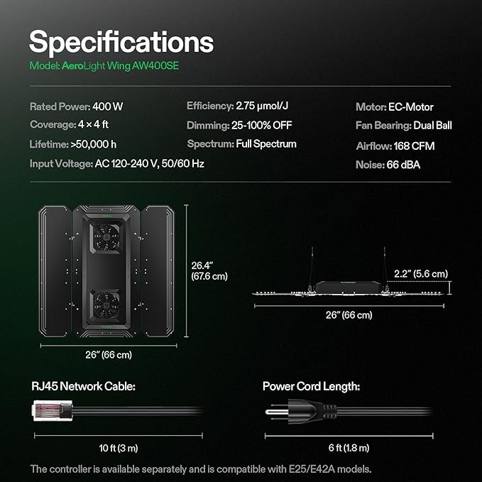 VIVOSUN AeroLight Wing AW400SE, LED Grow Light 400W with Integrated Circulation Fan, App Compatible, Used with Growhub Controller E42A/E25 to Achieve More Functions for 4x4/5x5 Grow Tent - Image 7