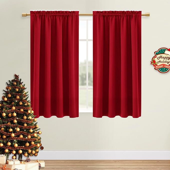 DWCN Christmas Blackout Curtains Thermal Insulated Energy Saving Bedroom and Kitchen Curtains Window Treatments, W 38 x L 45 Inch, Set of 2 Red Rod Pocket Drapes by DWCN