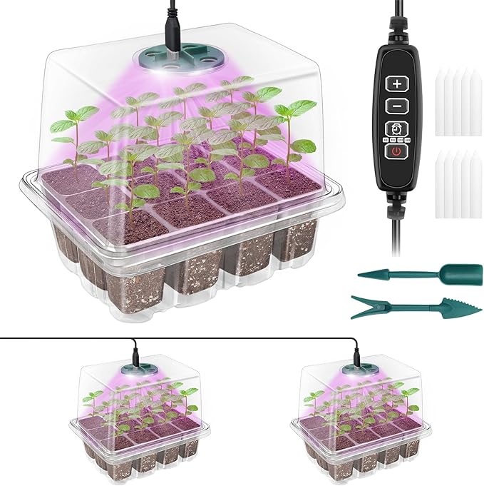 Seed Starter Tray with Plant Light, 2 Pack Grow Lights for Seed Starting Kit with Humidity Domes, Timing Controller Adjustable Brightness for Greenhouse Propagator Station Growing Transparent by Qoolife-US