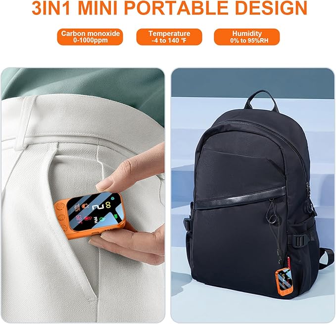 Travel Carbon Monoxide Detectors [3-in-1] Mini Size Portable CO Detector with Kickstand & Lanyard 85 dB Alarm [CO Temp Humidity Sensor] for Indoor Outdoor Camping Travel RV Hotel (New Orange) - Image 3