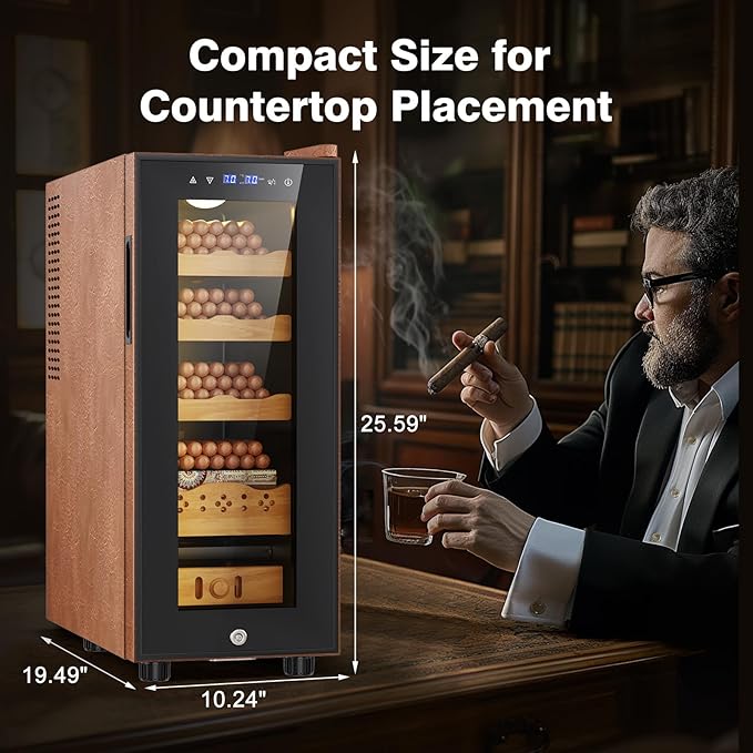 Electric Cooler Cabinet 35L with Temperature and Humidity Control, Leather Finish, Spanish Cedar Wood Shelves and Safety Lock (300 Counts Capacity), Gift for Men - Image 5