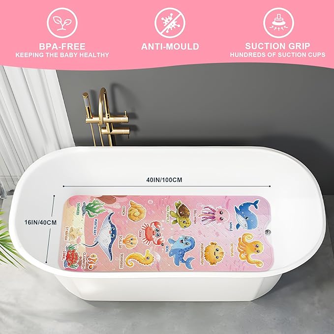 XIYUNTE Baby Bath Mat for Tub Non Slip Kids Bath Mat - 40"x16" Extra Long Bathtub Mat Non Slip Kids, Eco-Friendly Toddler Bath Mats with Suction Cups for Secure Grip, Easy to Clean & Easy Drying - Image 2