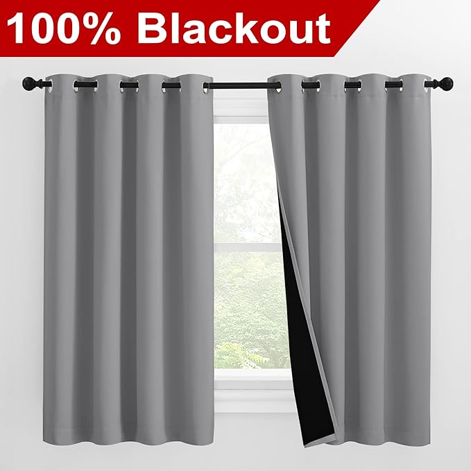 NICETOWN Silver Grey 100% Blackout Curtains with Heat and Cold Blocking, Thermal Insulated 2-Layer Lined Drapes, Noise Cancellation Window Draperies for Offie Room (2 Panels, 55-inch W by 57-inch L) - Image 2