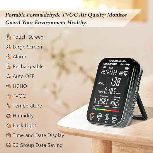 Air Quality Monitor Indoor, 4-in-1 Accurate Air Quality Detector with HCHO | TVOC | Temperature (℃/℉) | Humidity Sensor Air Analyzer with Digital LCD Screen, Sound Alarm for Home, Cars, Plants - Image 2