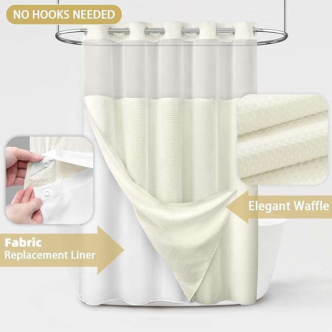 No Hook Shower Curtain and Liner Set,Cream Hotel Waffle Shower Curtain with Liner 81" L x 72" W - Image 3