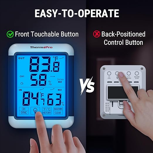ThermoPro TP65 Indoor Outdoor Thermometer Digital Wireless Hygrometer Temperature Humidity Monitor with Jumbo Touchscreen and Backlight Humidity Gauge,LCD - Image 5