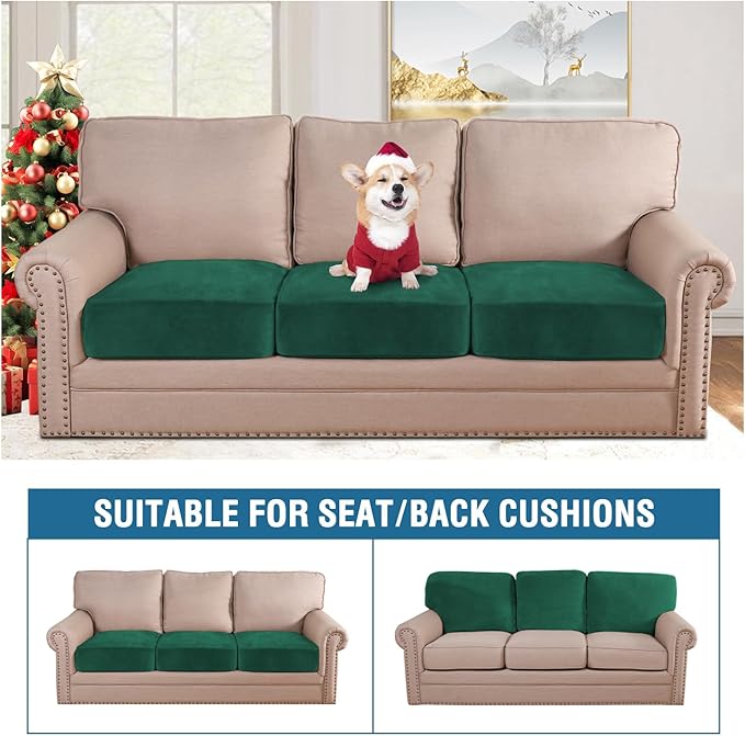 H.VERSAILTEX Velvet Stretch Couch Cushion Cover Plush Cushion Slipcover for Sofa Cushion Furniture Protector Seat Cushion Sofa Cover (3 Piece Sofa Cushion Covers, Vintage Green) - Image 3