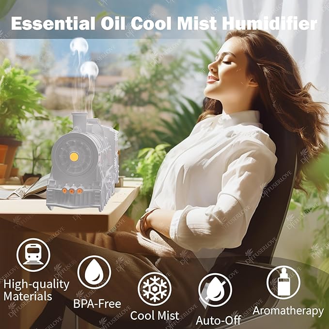 Diffuserlove Essential Oil Diffuser 300ML Train Cool Mist Humidifier Quiet Aromatherapy Diffuser with Night Light for Bedroom Desk - Image 3