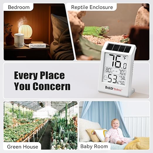 BaldrTherm Room Thermometer Indoor Humidity Meter, Solar-Powered 3.2'' Digital Temperature Sensor Monitor with Max/Min Reading, Comfort Indicator for Baby Room, Home, Office, White, 1Pack - Image 9