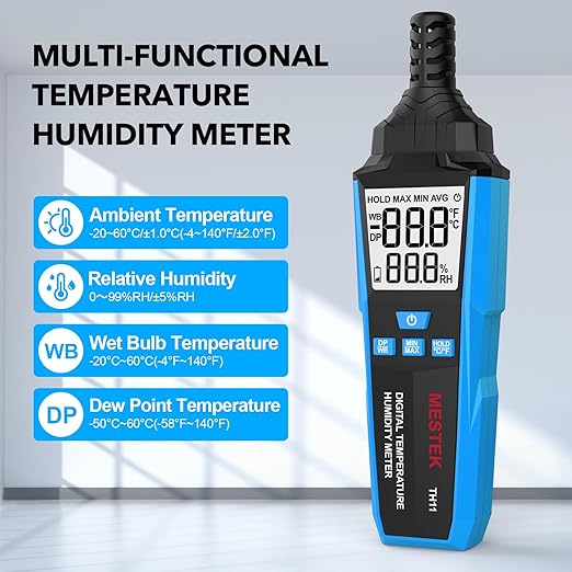 MESTEK Temperature Humidity Meter, High Precision Digital Hygrometer with Ambient, Dew Point, Wet Bulb Temperature for Indoor Outdoor, Thermometer with Min/Max, Data Hold, LCD Backlight, TH11 - Image 2