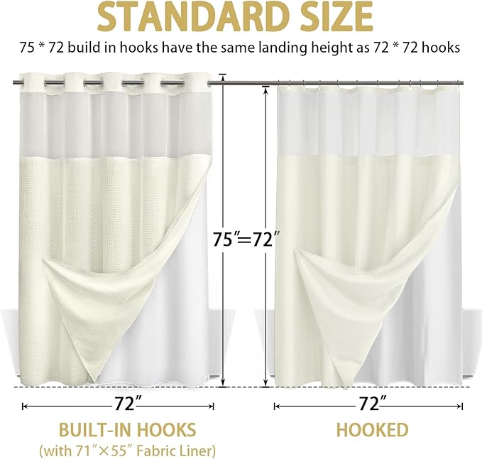 No Hook Shower Curtain and Liner Set,Cream Hotel Waffle Shower Curtain with Liner 75" L x 72" W - Image 6