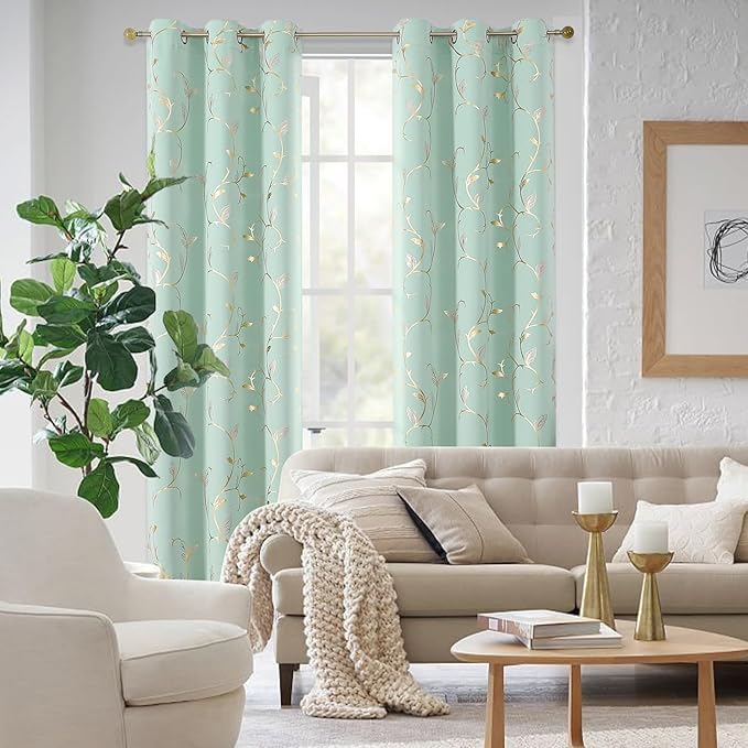 BUHUA Blackout Curtains Gold Foil Print Flower Vine Grommet Drapes, Room Darkening Thermal Insulated Curtains, Noise Reducing Blackout Curtain for Bedroom, Aqua, 38Wx63L, 2 Panels - Image 7