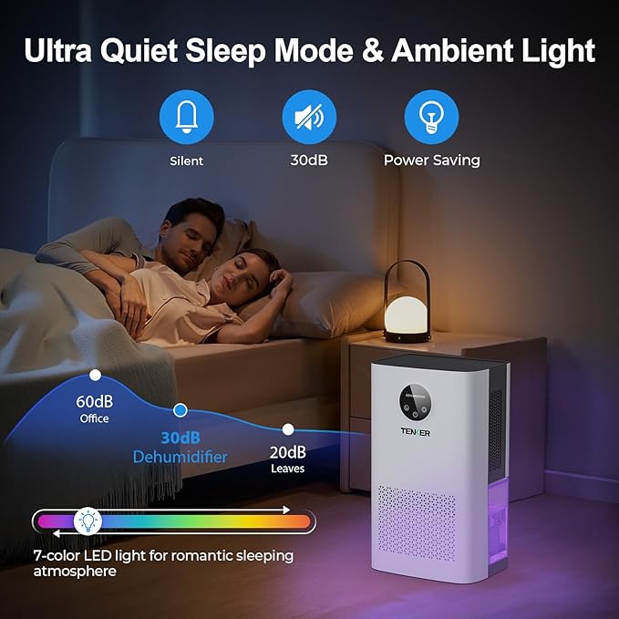 TENKER Dehumidifier for Home, 77 OZ Water Tank (1000 sq.ft) Dehumidifiers, Quiet Dehumidifier with Sleep Mode, Auto Shut Off, 7-Color LED Light for Closet Bedroom Bathroom Basement RV, White - Image 5