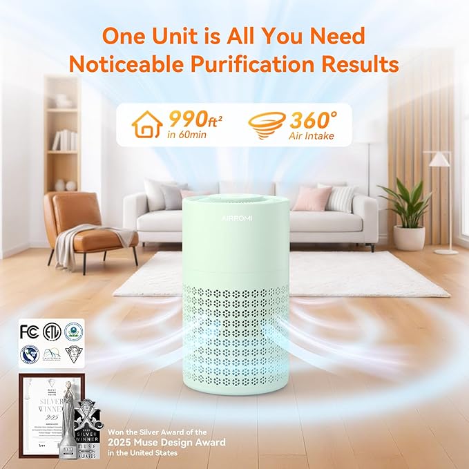 AIRROMI Air Purifier for Bedroom with HEPA 3-in-1 Filter, Pet Air Purifier for Home Cat Pee Smell, Covers Upto 990 Ft², Quiet 360°intake Air Cleaner for pet hair,allergies,Dust,Smoke A2001 Green - Image 2