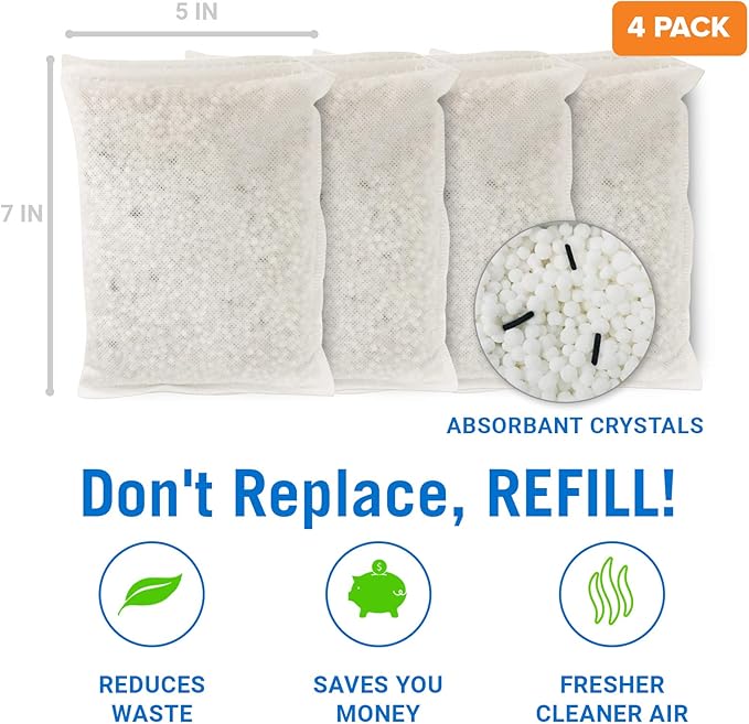 4 Pack Moisture Absorber Refill Bags, Unscented and Fragrance-Free Pellet Packs, Dehumidifier Refills for Buckets, Ideal for Eliminating Odors and Damp Air in Basement, Closet, Home, RV, and Boating - Image 2
