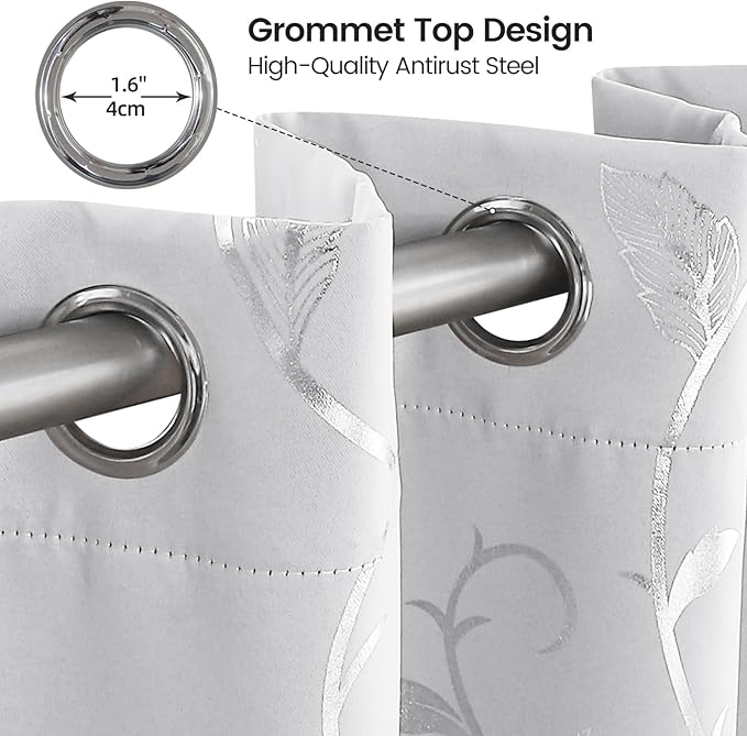 BUHUA Blackout Small Window Curtains for Kitchen and Bedroom Silver Foil Print Flower Grommet Short Thermal Insulated Room Darkening Curtains, Greyish White, 52Wx36L, 2 Panels - Image 3
