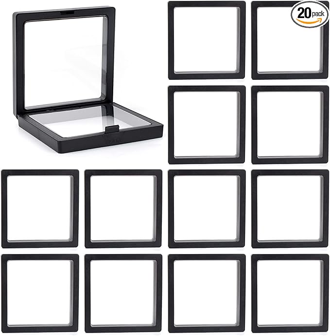 Framendino, 20 Pack Black 3D Floating Frame Display Case Challenge Coin 3.5x3.5x0.8 Holder Stands Jewelry Storage Box for AA Medallion Shells Gems by Unknown
