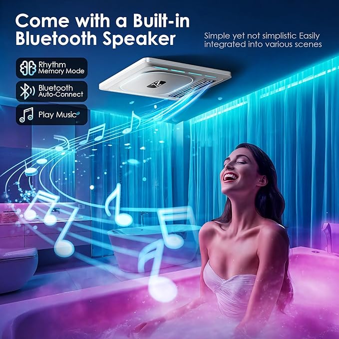 BSEED Bathroom Exhaust Fan with Bluetooth Speaker & Heater, 1800W Dual-Heat, 230 CFM, 3CCT+5-Color RGB Light, Negative Ion, Wall Control - Image 2