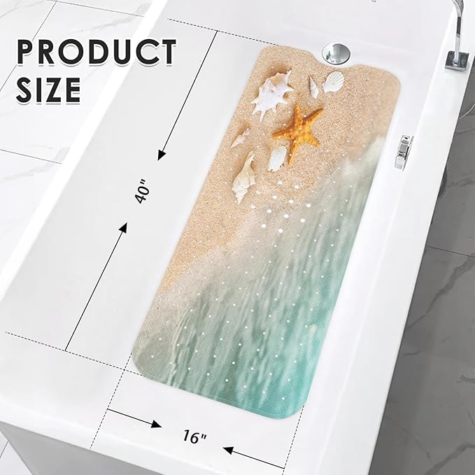 Starfish Summer Beach Bath Mat Non Slip, Sea Shell Ocean Fish 40 X 16 Inch Extra Long Bathtub Shower Mat for Tub Anti Slip with Suction Cups and Drain Holes for Kids Adults Elderly - Image 2