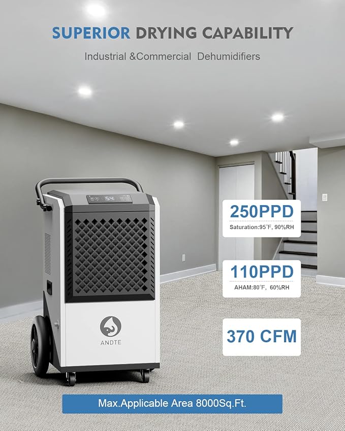 250 Pint Commercial Dehumidifier for Industrial Basement Heavy Duty Commercial-grade Portable Dehumidifiers 8000sqft for Large Spaces,Warehouse Grow Room, Water Damage Restoration - Image 2