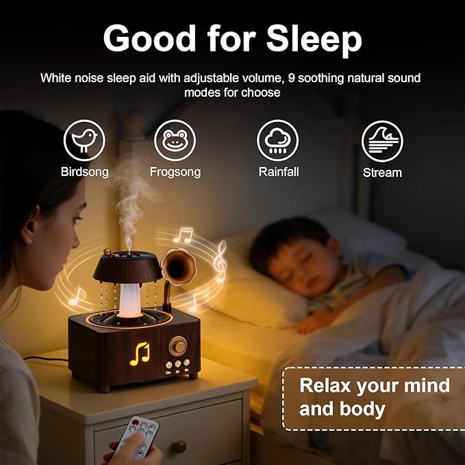 Morbou Raindrop Aroma Diffuser Room Humidifier with White Noise, 7-Color Air Mist Essential Oil Diffuser Sleep Sounds Aroma Rain Drop, with Remote Control Extra 2 Essential Oils - Image 2