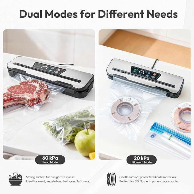 AMOLEN Vacuum Sealer Storage Bags Kit for Filament 20kPa, Dual-Use Vacuum Sealer Machine for Food 60kPa with Build-in Cutter&Storage, Digital Countdown, Air Suction Hose, 30 Vacuum Bags - Image 5