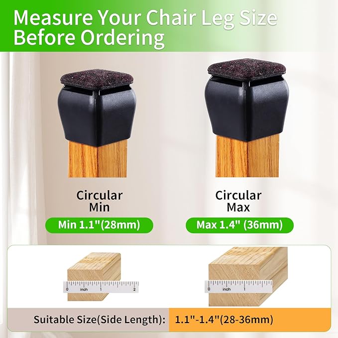 16PCS Square Silicone Chair Leg Floor Protectors for Hardwood Floors, Felt Furniture Pads Covers Table Chair Leg Caps, Large Chair Sliders for Wood Floors, Anti-Scratches&Noise(Black, Fit:1.1"-1.4") - Image 4