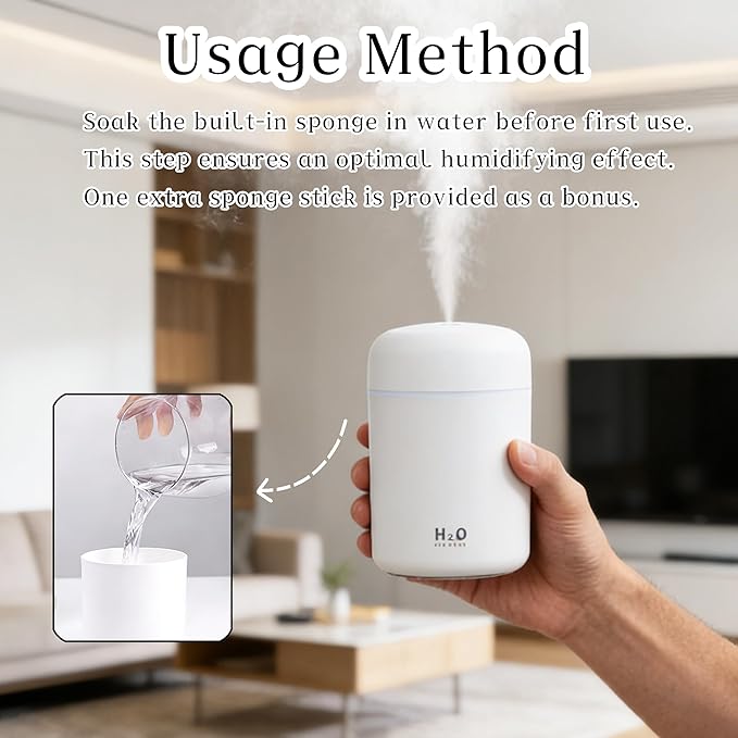 300ml USB Cool Mist Small Humidifier with Colorful Lights,Portable Mini Humidifier, Perfect for Bedroom, Office, Plants, travel & Car, White - Image 6