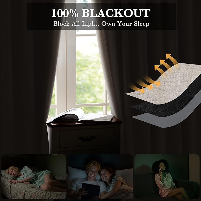 RYB HOME Natural Beige 100% Blackout Short Curtains 45 inch Length 52 Width, Light Blocking & Thermal Insulated Curtains for Kitchen/Small Window/Bathroom/Basement, 2 Panels - Image 3