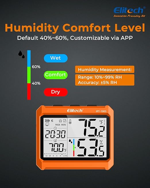 Elitech Digital Bluetooth Hygrometer Thermometer, Refrigerator Thermometer with Free APP, Real-Time Temperature Humidity Monitor with 4.5" Screen, PDF&CSV Data Export, IPT-100S with External Probe - Image 3
