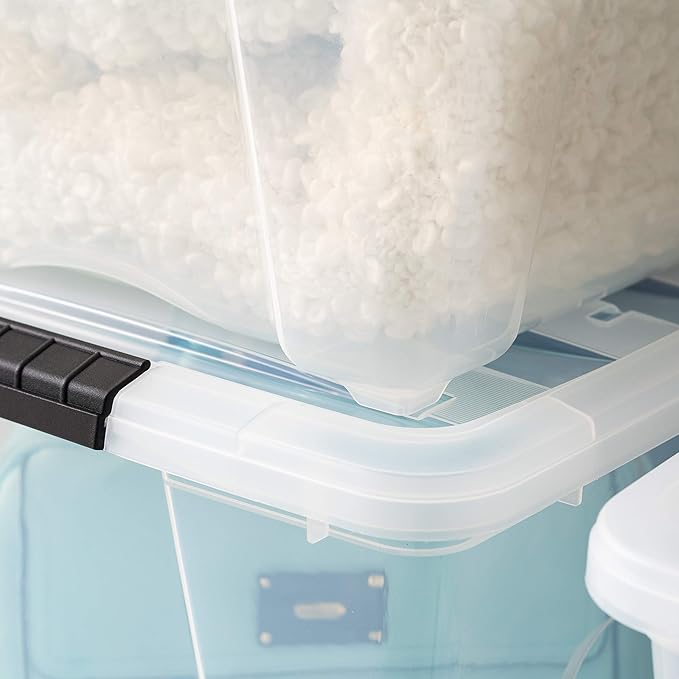 IRIS USA 54 Qt Stackable Plastic Storage Bins with Lids, 4 Pack - BPA-Free, Made in USA - See-Through Organizing Solution, Latches, Durable Nestable Containers, Secure Pull Handle - Clear - Image 6