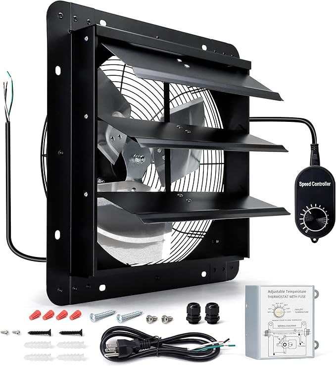 14 Inch Wall Mounted Shutter Exhaust Fan with Thermostat and Speed Controller for Attic, Greenhouse, Shed, Garage, Chicken Coop, Shop, Barn Ventilation, 1088 CFM High Power Louvered Vent Fan by Hipoilk
