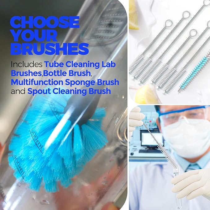 Holikme Bottle Brush Tube Cleaning Lab Set with Long Handle, Cup Cleaner for Washing Narrow Neck Beer Wine Decanter Pipes Lids Sinks Cap Covers, White - Image 5