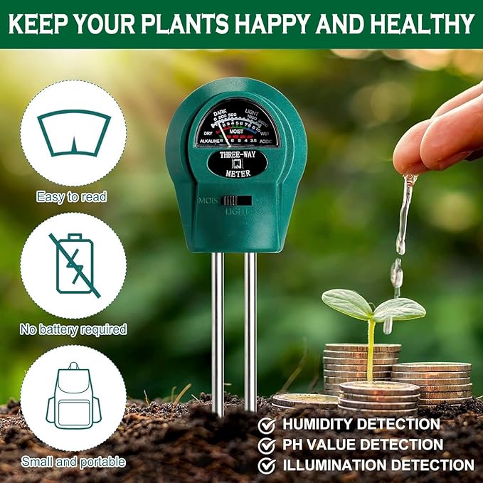 3-in-1 Soil pH Meter - Moisture, Light, and pH Tester for Garden, Lawn, Farm, Indoor & Outdoor Plant Care, Green - Image 3