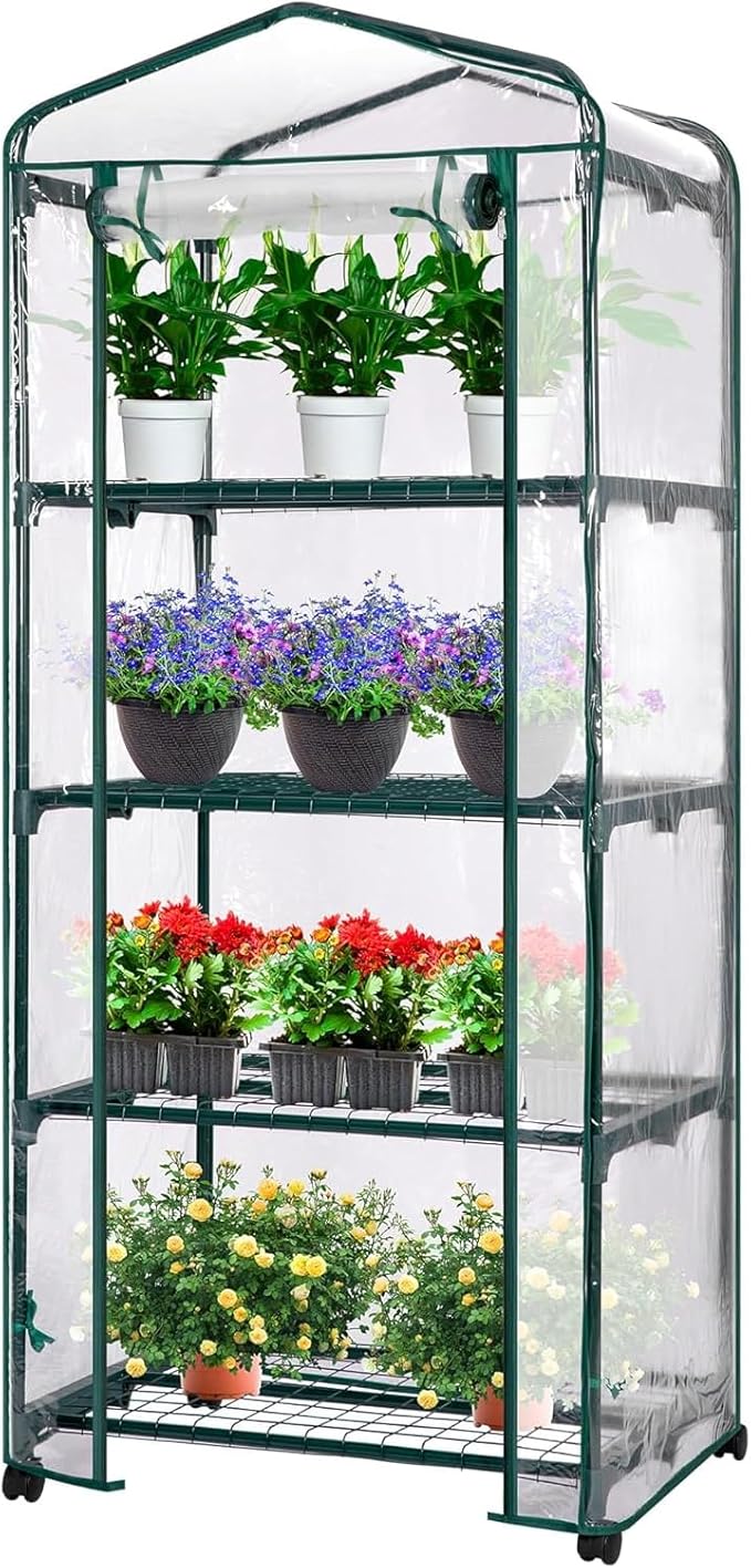 VIVOSUN Mini 4-Tier Greenhouse with Wheels, 27 x 19 x 63-Inch Reusable Portable Warm House with Clear PVC Cover and Shelf for Compact Garden and Small Backyards, with Wheels by VIVOSUN