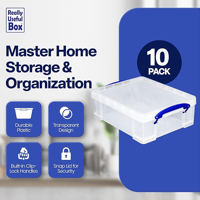 Really Useful Box Stackable 8.1L Plastic Storage Container Bin with Snap Lid & Built-in Clip Lock Handles for Home & Office Organization (10 Pack) - Image 2