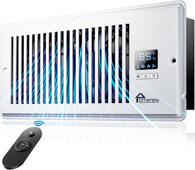Register Booster Fan, Fits 4” x 10” 140CFM with Remote Control, Smart Vent Fan Booster with Adjustable 10-Speed Control, Quiet Heating Cooling with Thermostat Control for Wall, Floor by Pomeney