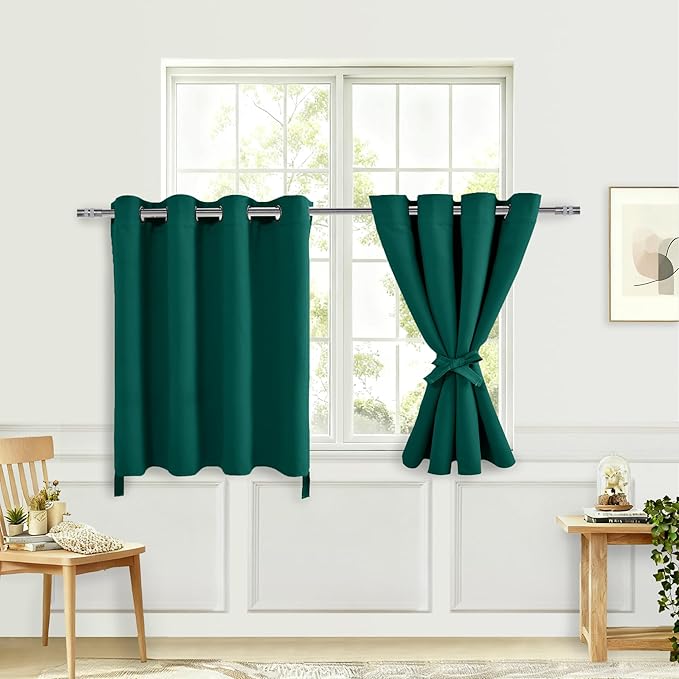 Hiasan RV Blackout Curtains for Bedroom, 52 x 30 Inches Long - Thermal Insulated & Energy Saving Window Curtains for Living Room, 2 Drape Panels Sewn with Tiebacks, Hunter Green by Hiasan
