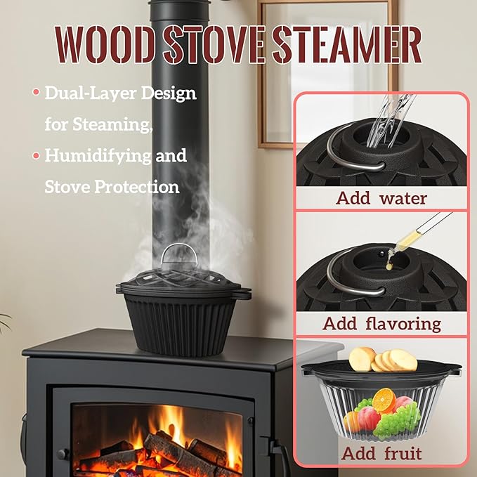 Cast Iron Wood Stove Cooking Bundle, 1.4Qt Steamer/Humidifier + Garlic Roaster with 4 Iron Fish - Dual-Layer Simmer Pot & Smoker Box Set for Vegetables, Meats, and Eco Heating Solutions - Image 3