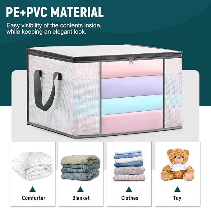LANDNEOO 6-Pack Clothes Storage Bags, Plastic Foldable Blanket Storage bins, Closet Organizer Container for Bedroom, Bedding, Comforters, Pillows, and Clothing - 60L with Handles - Image 3